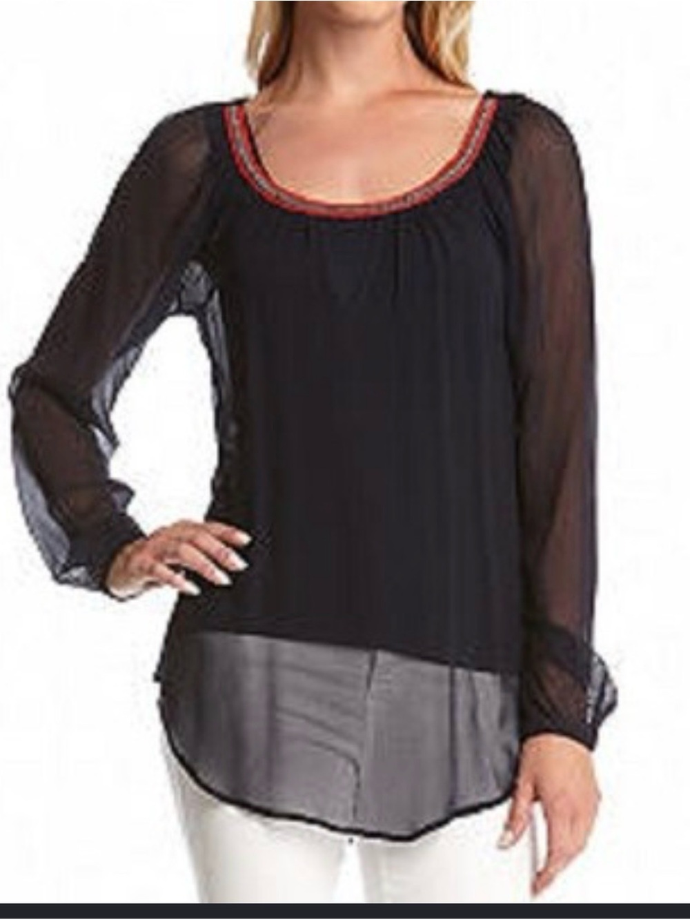 Sheer navy Scoop Neck Long-Sleeve Women's Top with Red Trim